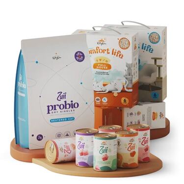 2x stelivo Full House, 2x6 l + 6x konzerv, 6x400 g + 1x Probio krmivo NEUTERED, 2 kg + 1x stelivo Quick&Clean, 6 l