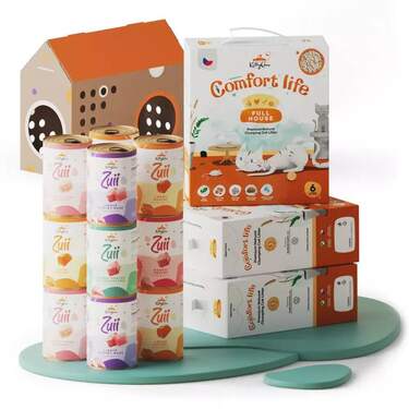 3x stelivo Full House, 3x6 l + 12x konzerv Zuii, 12x400 g