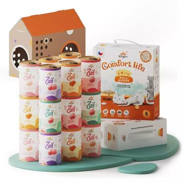 2x stelivo Full House, 2x6 l, a 18x konzerv Zuii, 18x400 g